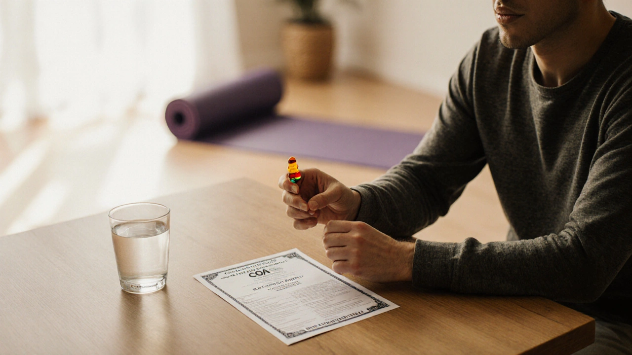 Osoba drží CBD bonbón vedle certifikátu analýzy v útulné kuchyni.
