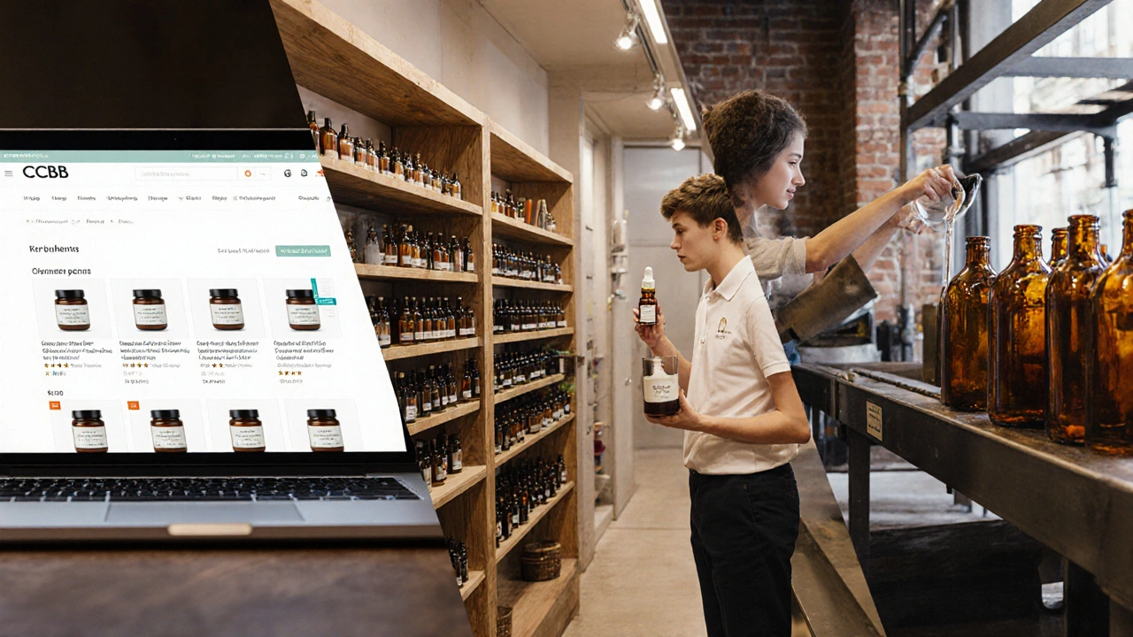 Rozdělený obrázek: online nákup na laptopu, kamenný bio‑obchod a ruční výroba v dílně.
