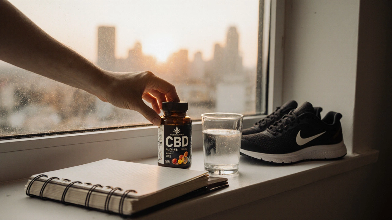 CBD žvýkačky, sešit, běžecké boty a sklenice vody na okenním prahu při východu slunce.