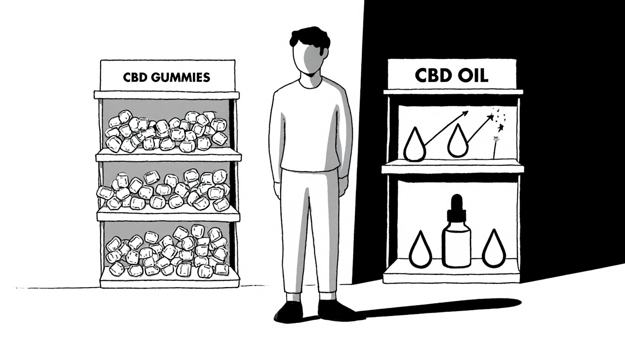 Černobílá ilustrace osoby mezi dvěma regály s CBD gumičkami a CBD olejem.
