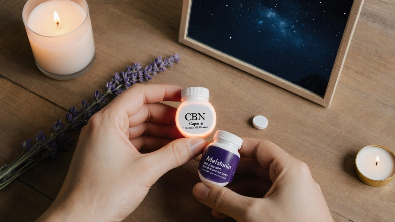 Dvě doplňky ke spánku – CBN a melatonin – vedle sebe na dřevěném povrchu s přírodními prvky.