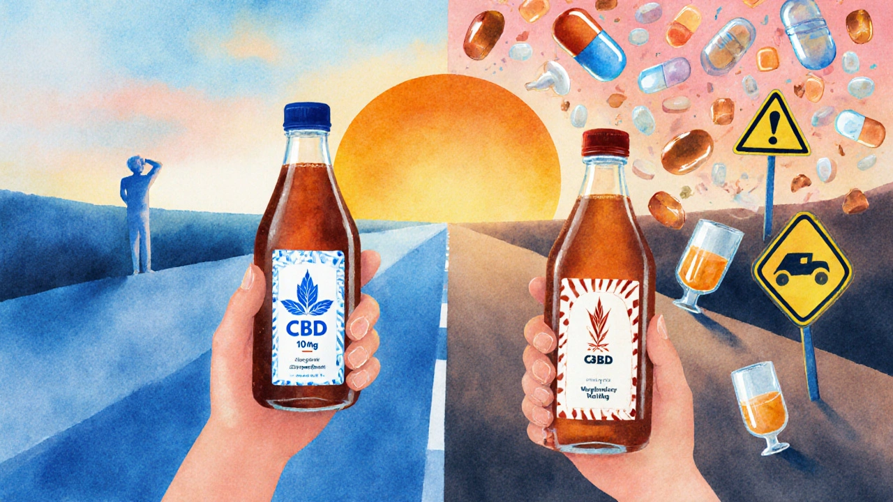 Dvě láhve CBD nápojů s různými dávkami vedle dvou cest – klidu a rizika.