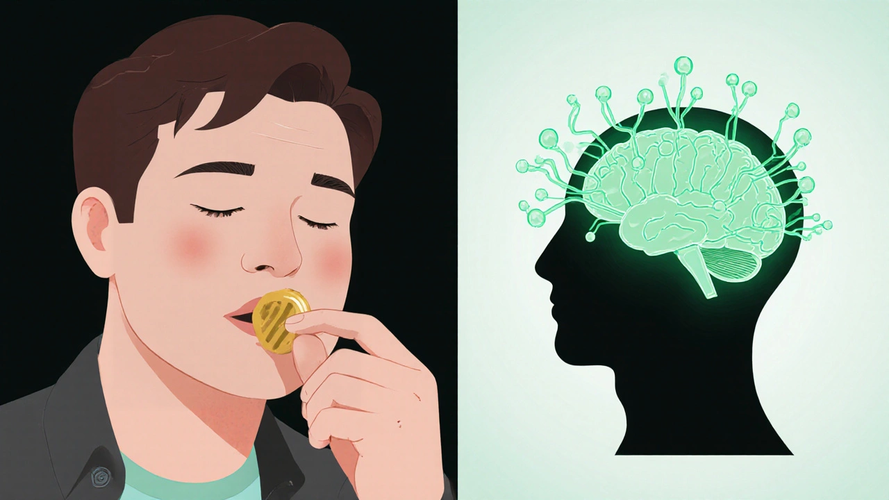 Ilustrace mozku s uklidňujícími zelenými vlnami symbolizujícími účinek CBD na nervový systém.