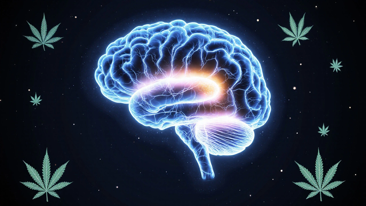 Klíčové oblasti mozku aktivované THCV: amygdala uklidněná, přední kůra jasně aktivní.