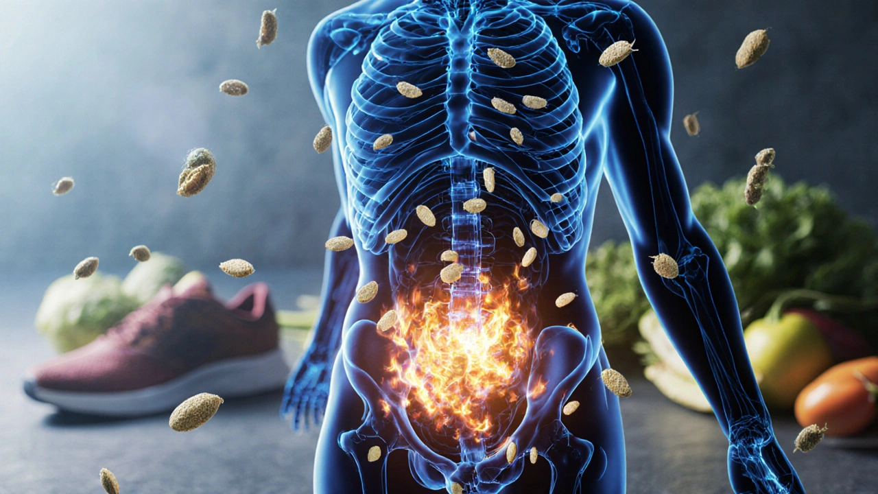 Koncepční obraz těla s konopnými semínky a molekulami omega-3.