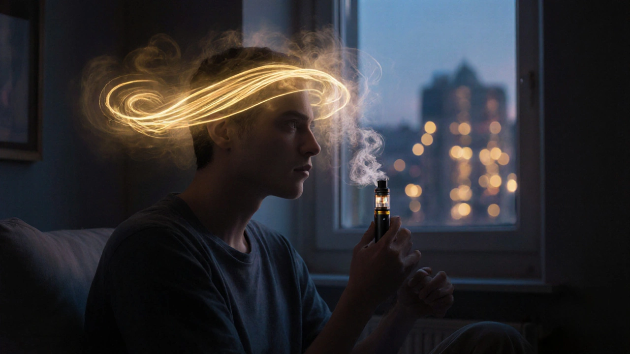 Person meditating with golden light waves around head, holding vape.