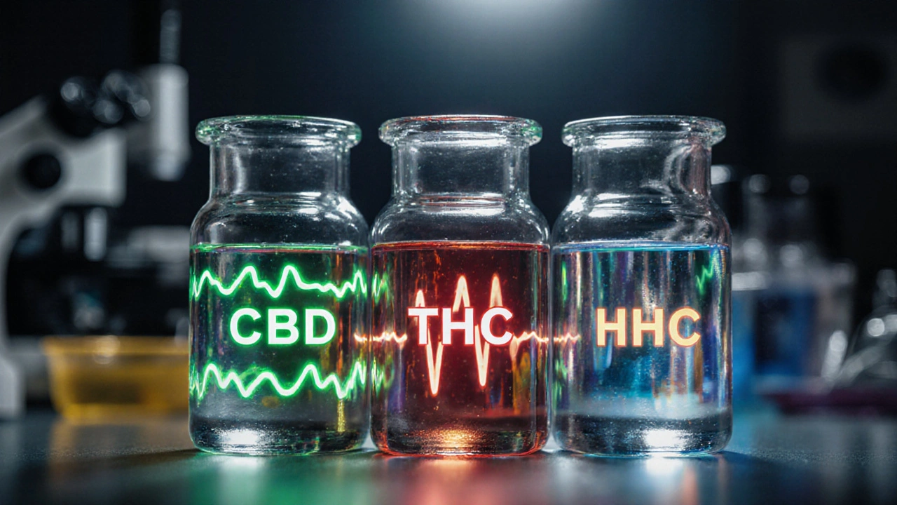 Three labeled vials showing CBD, THC, and HHC with different light effects.