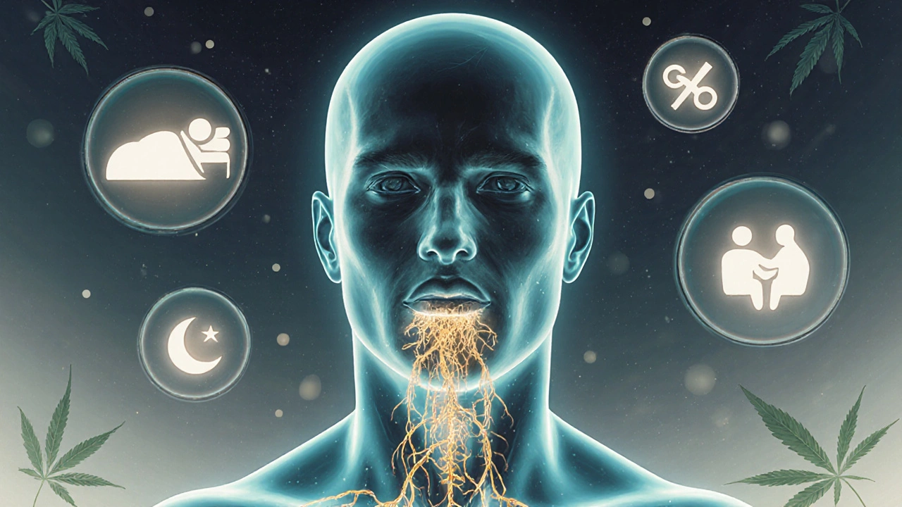 Transparenční ilustrace CBD molekul vstupujících do krevního oběhu pod jazykem.