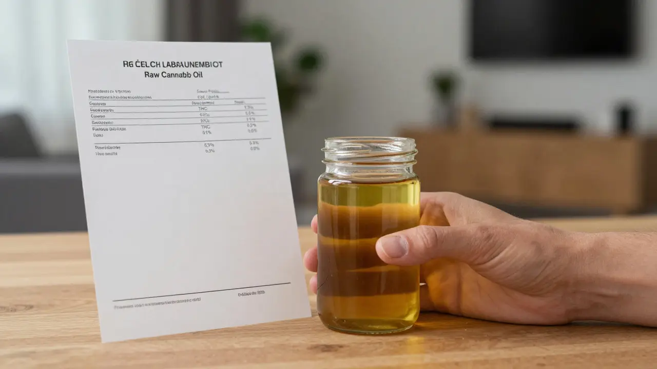 Český uživatel s surovým konopným olejem a laboratorním výsledkem.