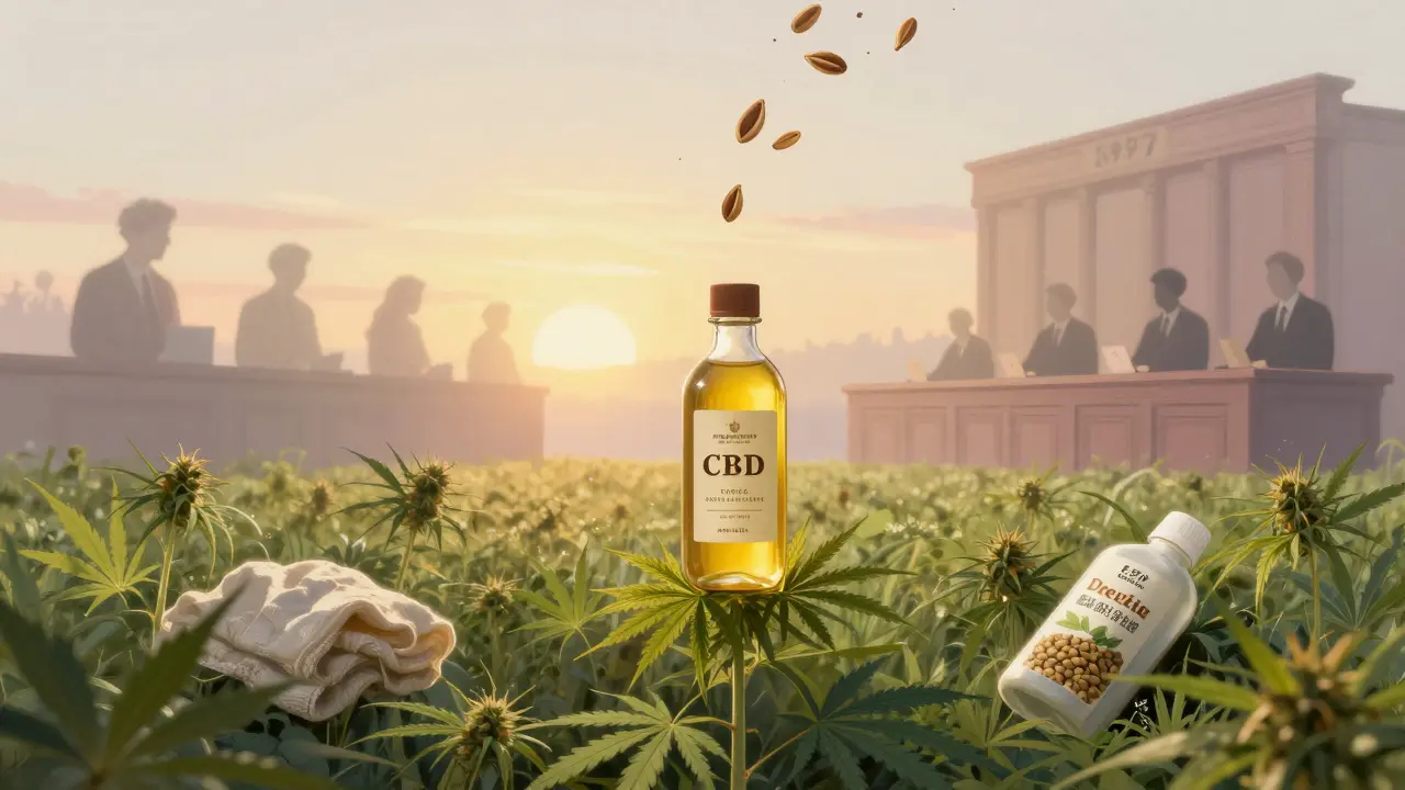 Moderní pole konopí s vznášejícími se CBD produkty, za nimi stín soudního slyšení z roku 1937.