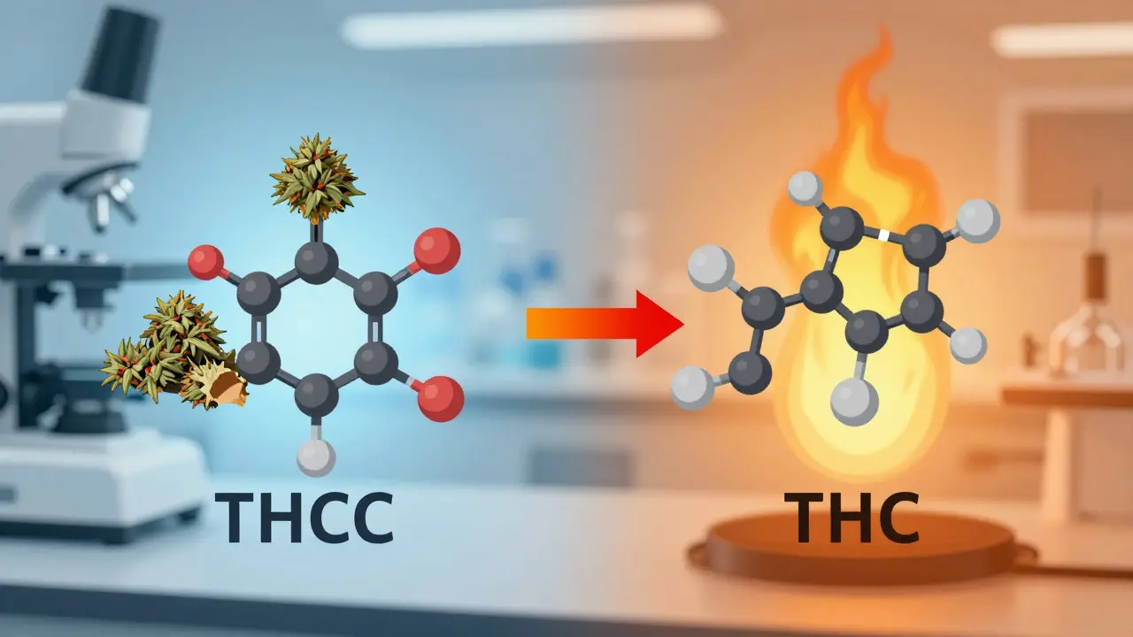 Molekulární struktura THCa přeměňující se na THC při zahřátí.