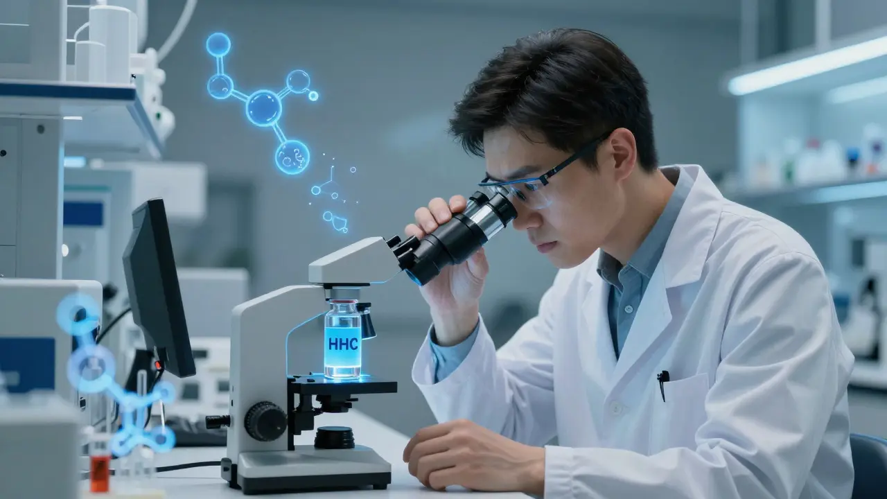 Vědec v laboratoři zkoumá HHC v lahvičce pod zvětšovacím čočkou.