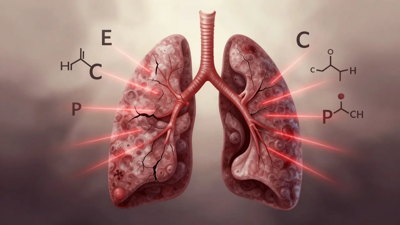Damaged human lung with floating chemical symbols indicating harmful additives.