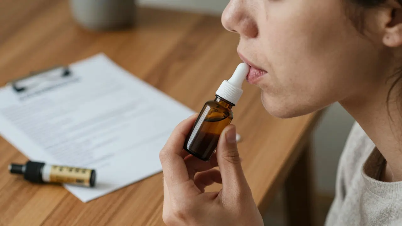 Osoba užívá CBD olej pod jazyk, vape kartridž je na pozadí odhozený
