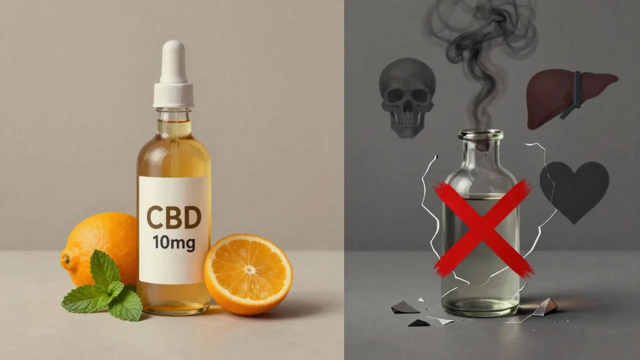 Porovnání bezpečného CBD nápoje a nebezpečného distilátu.