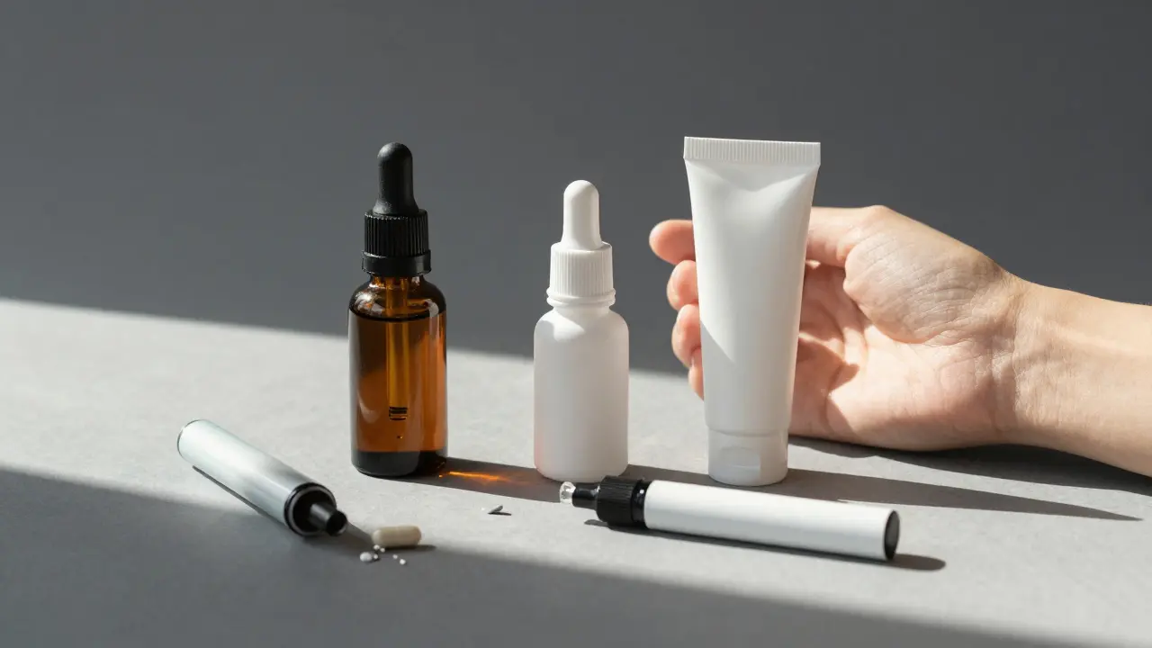 Three safe CBD alternatives: dropper, capsule, and cream, with discarded vape in shadow.