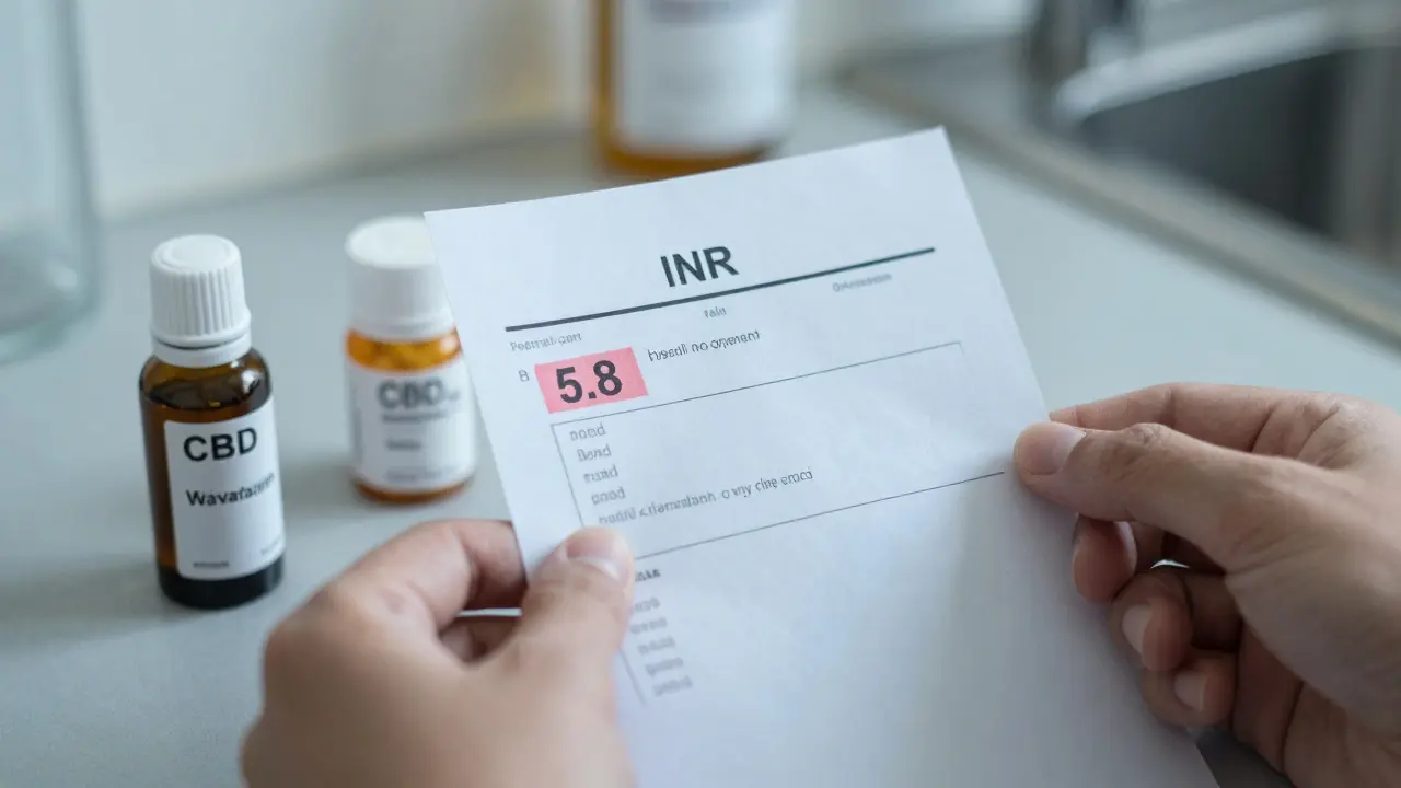 Krevní test s vysokou INR hodnotou vedle CBD oleje a léku na srážení krve.