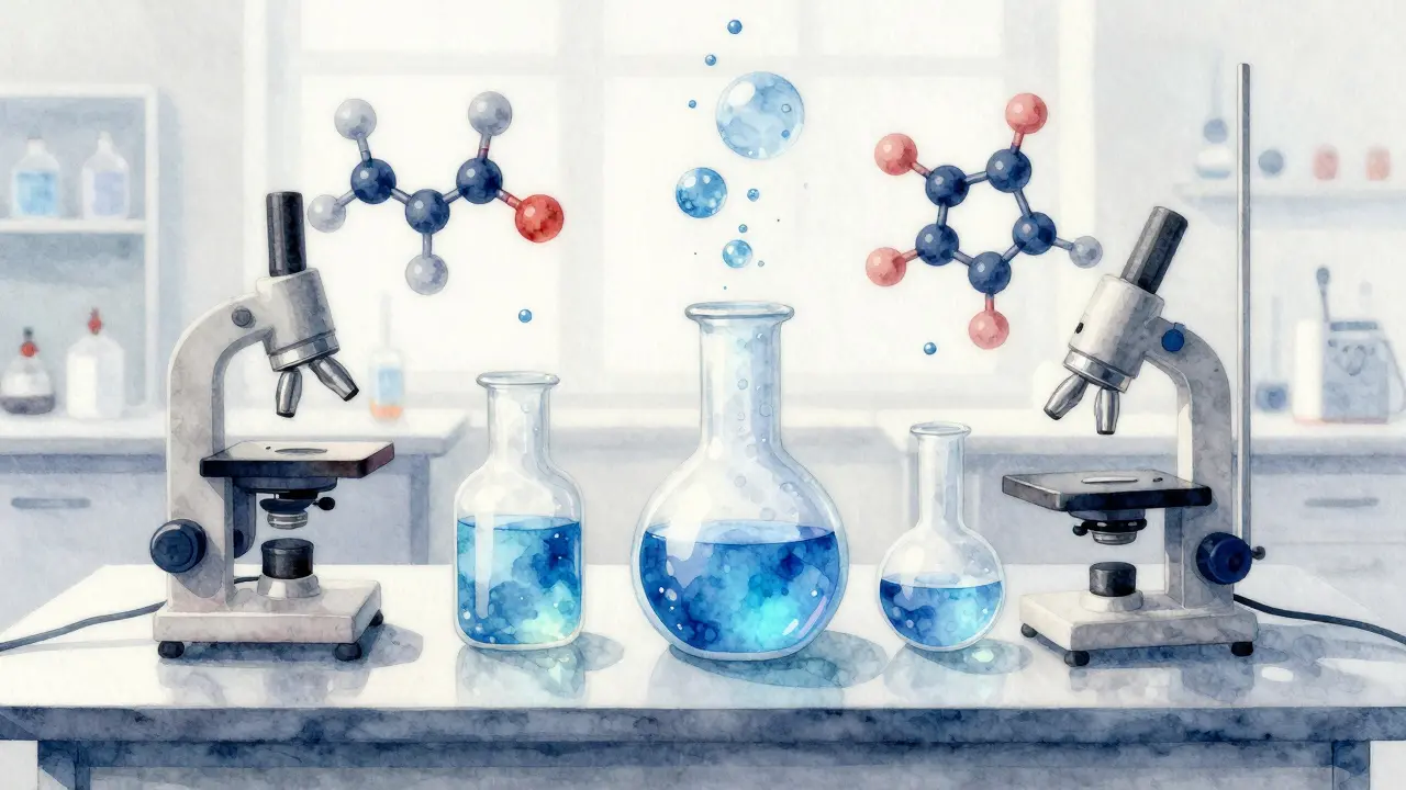 Laboratorní příprava H4CBD v baňkách s modrým světlem.