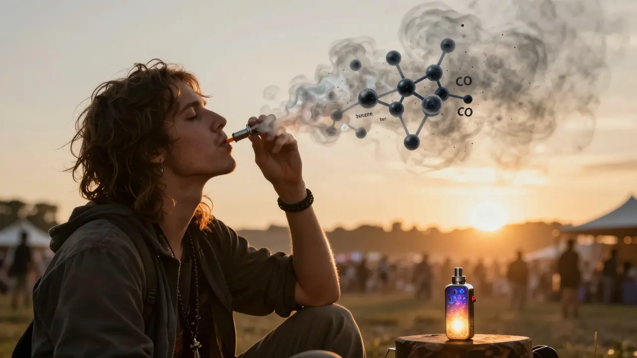 Osoba kouří z bongu na festivalu, zatímco bezpečnější alternativa stojí stranou.
