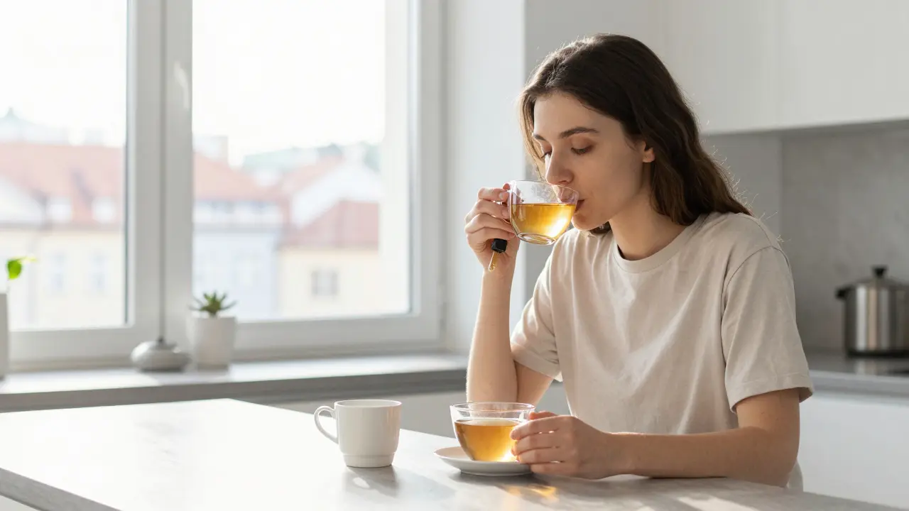 Ranní scéna v kuchyni s osobou, která bere CBD olej a pije čaj při světle dne.