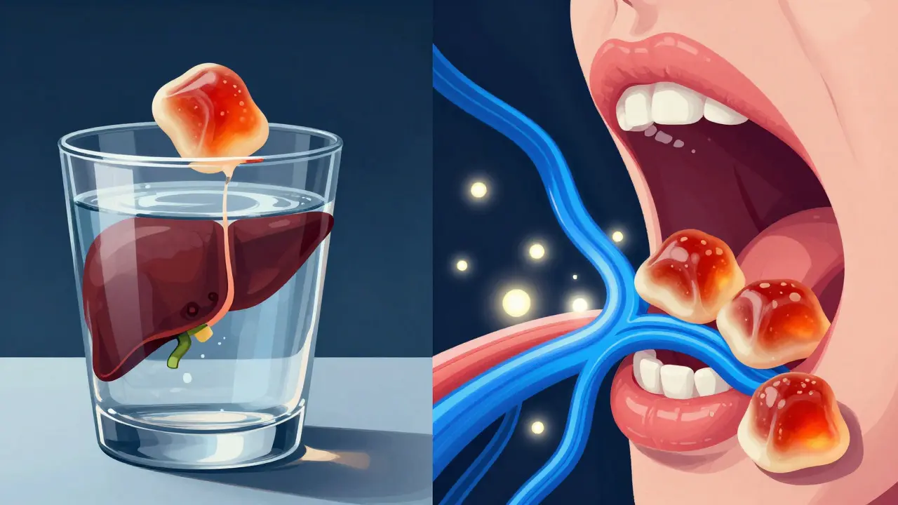 Srovnání absorpce CBD: žvýkání vs. polykání s vizualizací cest v těle.