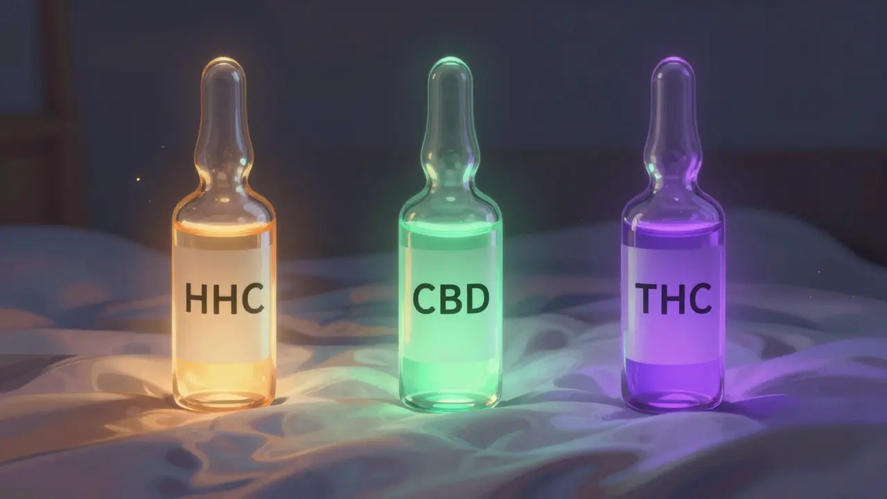 Tři lahvičky s HHC, CBD a THC s různými barvami světla nad postelí, symbolizující různé účinky na spánek.