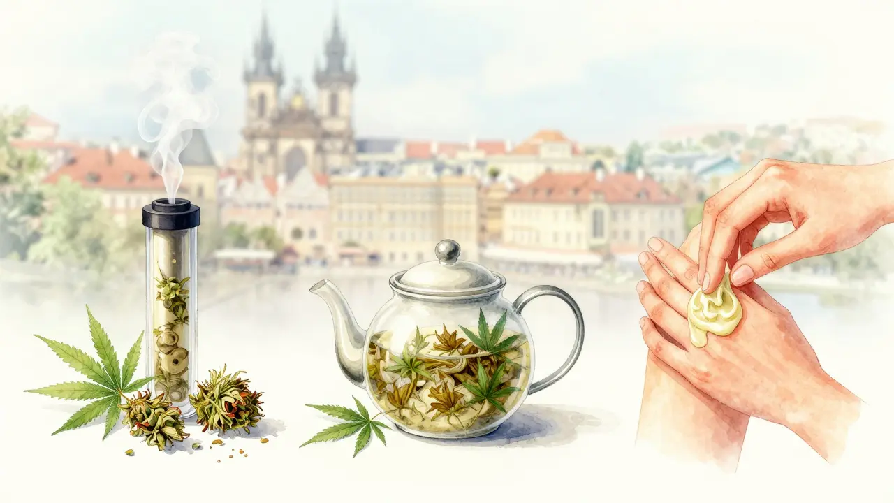 Tři způsoby užívání konopné květiny: výparník, čaj a mast.