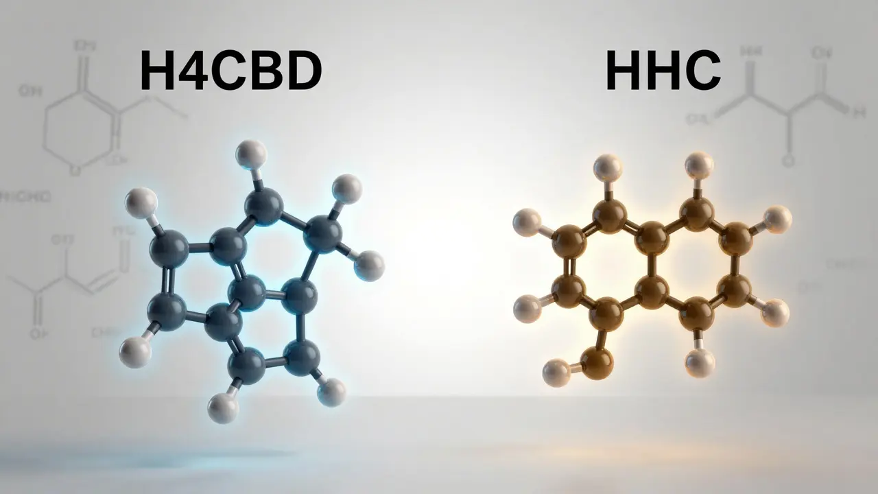 Molekulární struktura H4CBD a HHC s vodíkovými atomy, zobrazená v vědeckém uměleckém stylu.