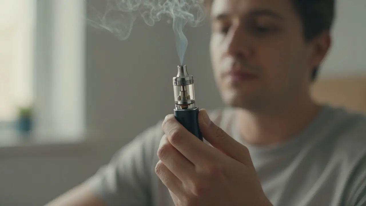 Ruka drží jednorázové CBD vape, když člověk vdechuje, ve světlém klidném prostředí