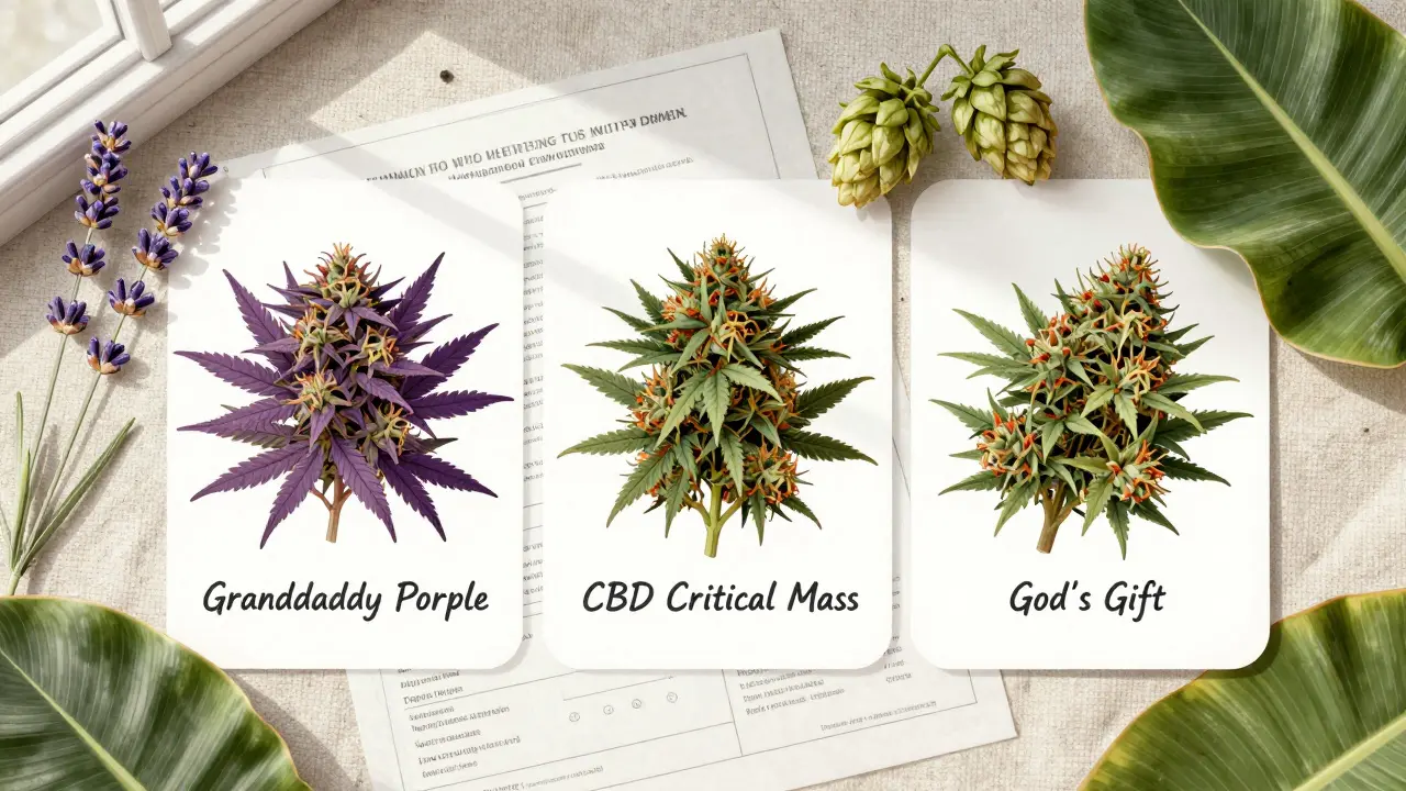 Tři druhy CBD květů s laboratorními certifikáty a přirozenými terpenovými symboly na lněném plátně.