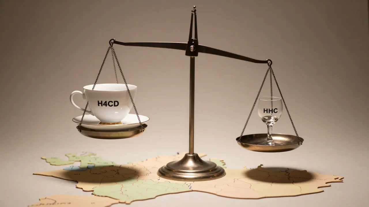 Váha s šálkem čaje a sklenicí vína, symbolizující rovnováhu mezi H4CBD a HHC.