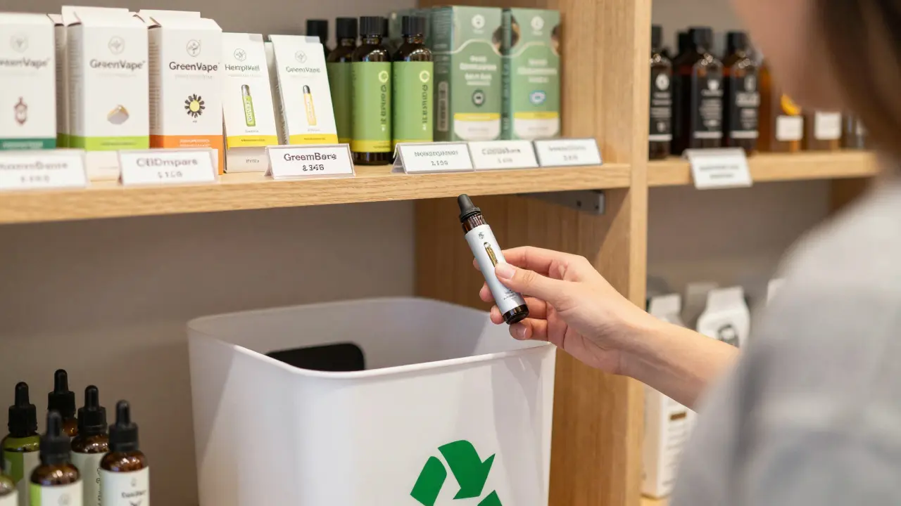 Zákazník vrací použité CBD vape do recyklačního kontejneru v českém obchodě