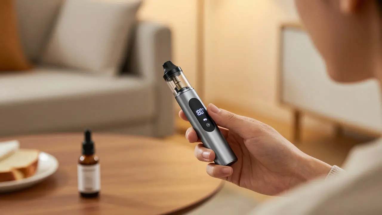 CBD vape pen s nastavenou teplotou 180 stupňů v uklidňujícím prostředí.
