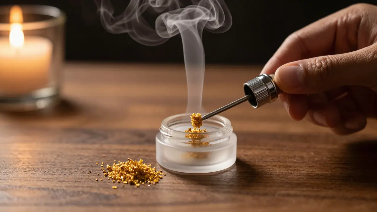 Detail vaporizace malého kousku zlatého CBD shatteru v moderním zařízení.