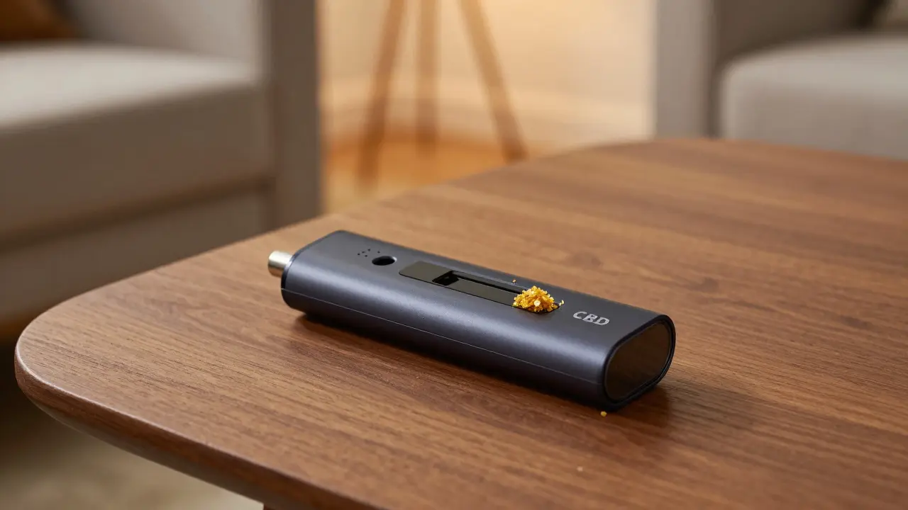 Kapesní vaporizér s malým kouskem CBD crumble na hřevné ploše v útulném prostředí.