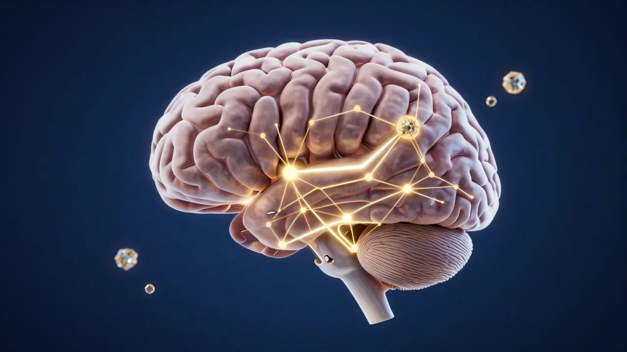 Konceptuální ilustrace vlivu CBD na serotoninové receptory v mozku