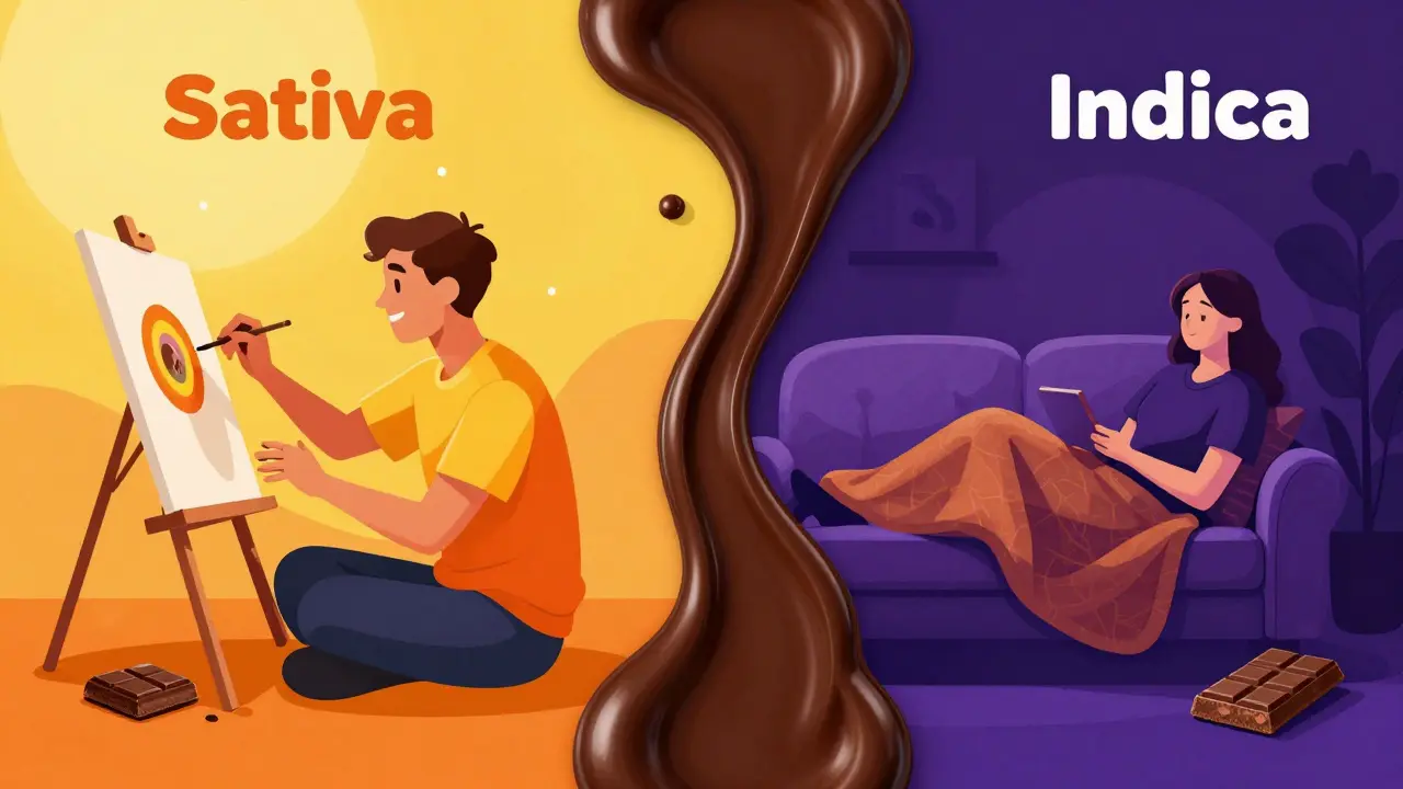 Konceptuální obraz rozdílu mezi energickou Sativou a relaxační Indikou přes čokoládu.