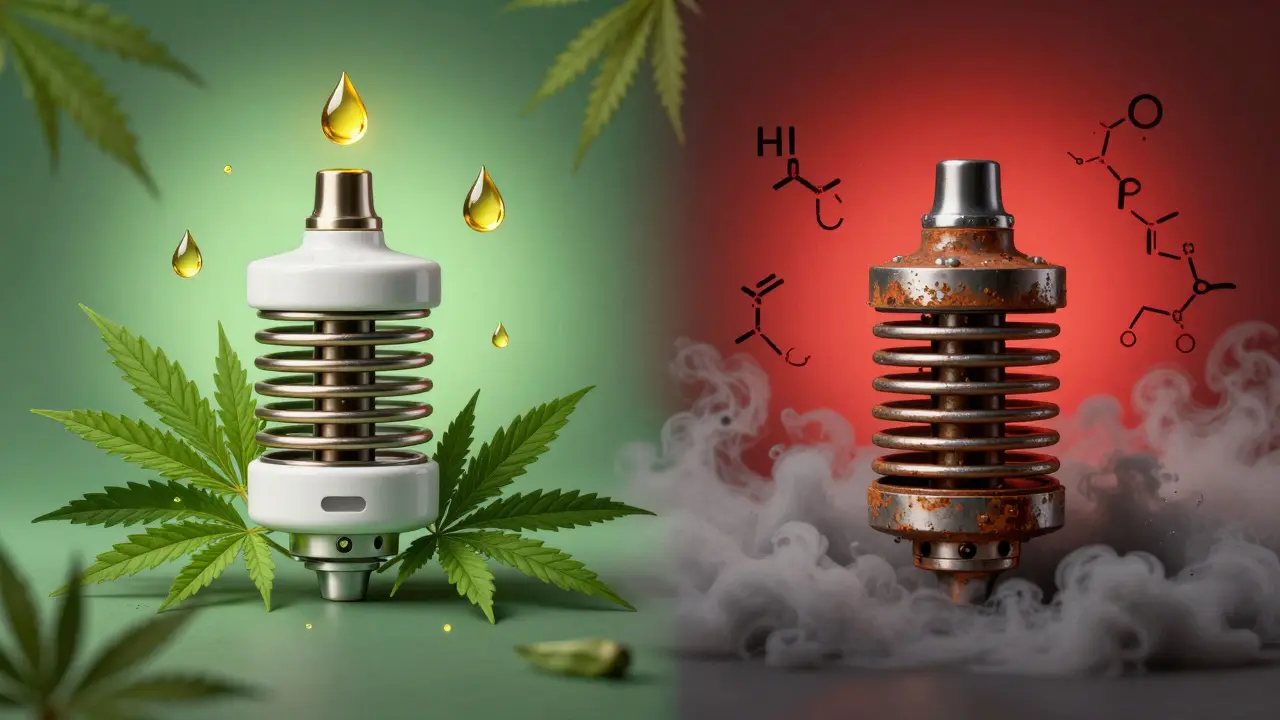 Konceptuální srovnání čistého keramického coilu s toxickým kovovým coilem.