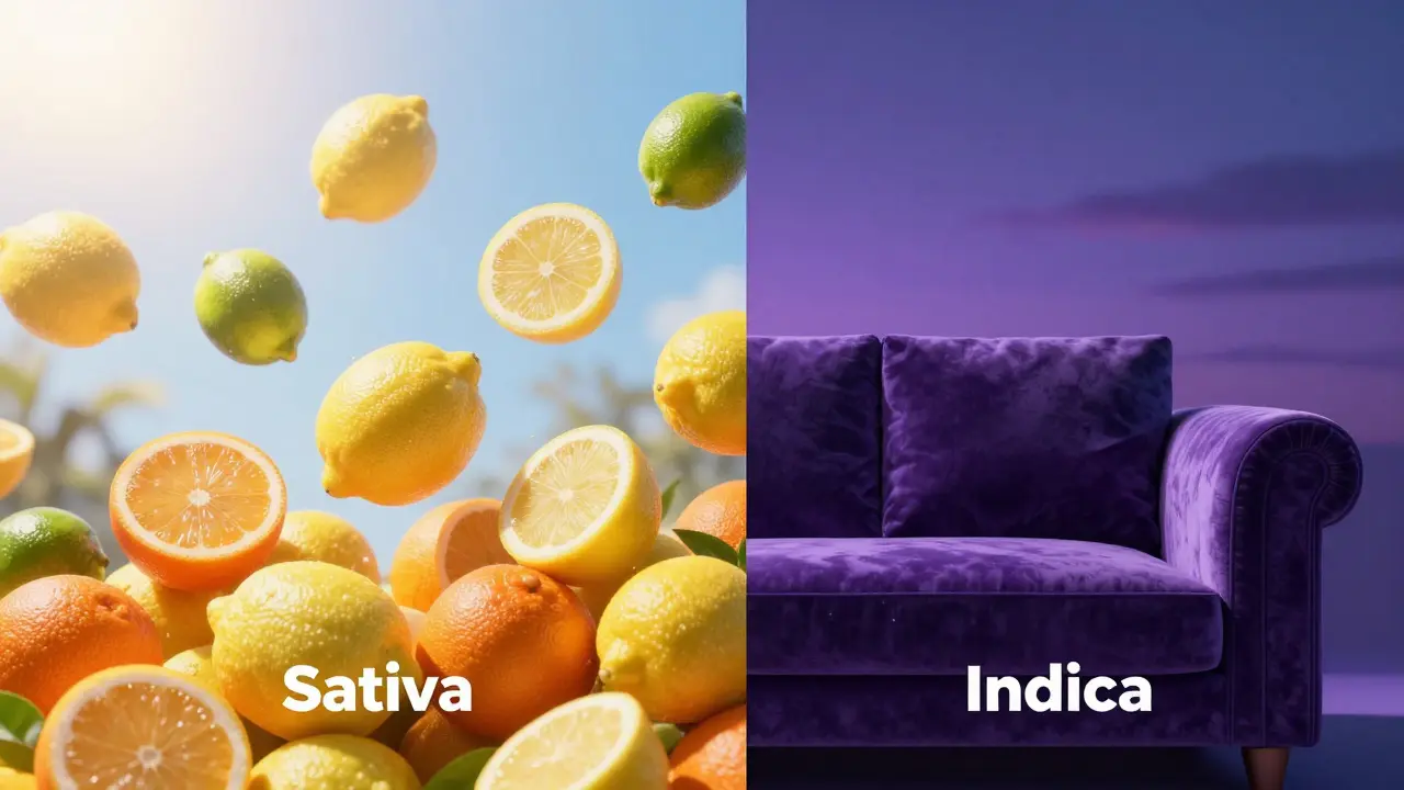 Konceptuální srovnání energické Sativy s citrusy a relaxační Indiky v modrých tónech.