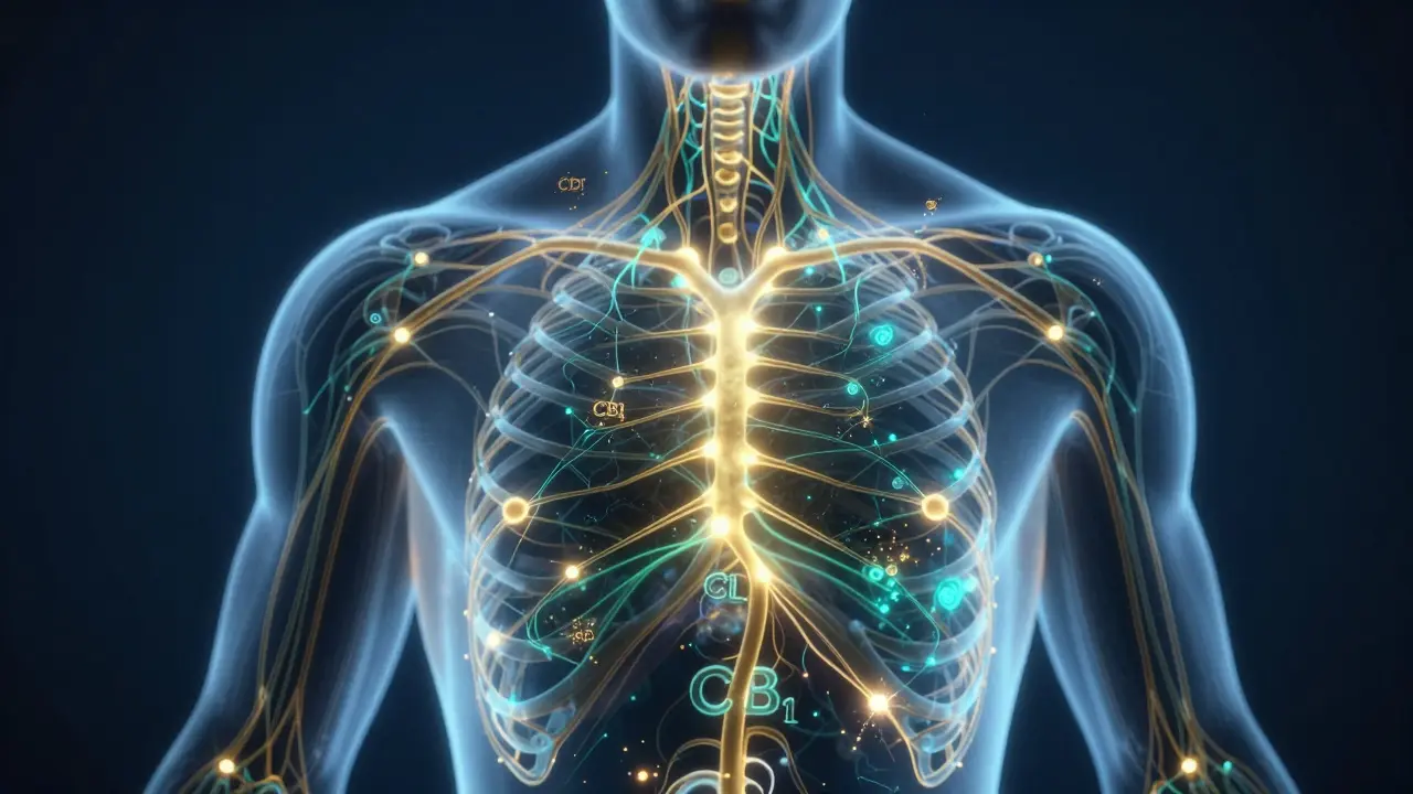 Konceptuální zobrazení endocannabinoidního systému v lidském těle.