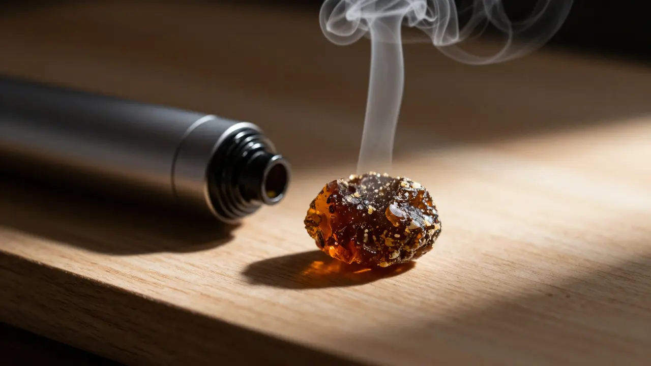 Kousek CBD hashe a moderní vaporizér s jemným kouřem.
