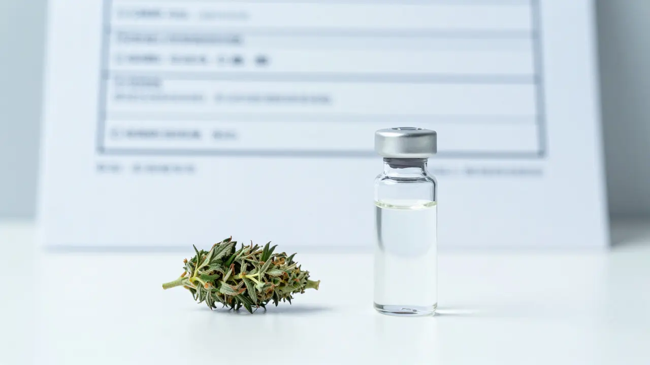 Květ konopí vedle laboratorního reportu na bílém sterilním podkladu
