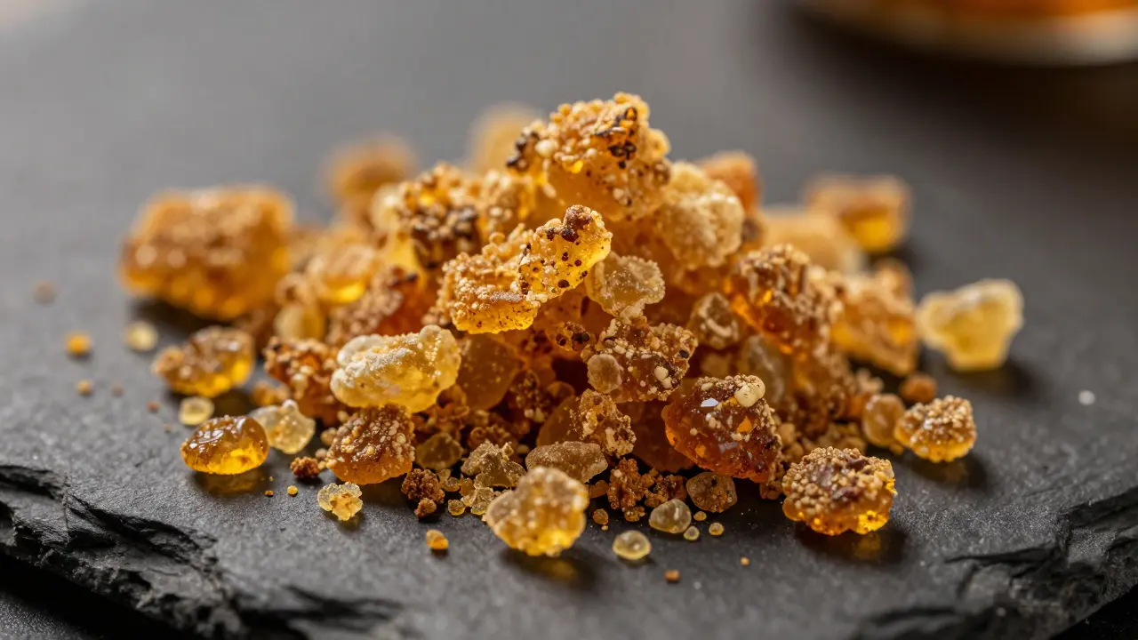 Makro detail CBD crumble, zlatovělý polotuhý koncentrát s krystalickou strukturou.