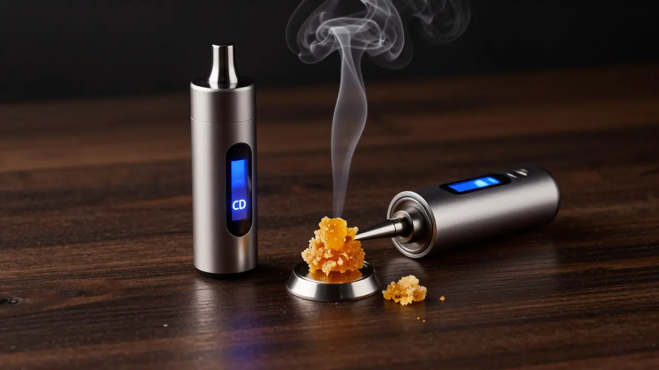 Moderní vaporizér a nástroj s kouskem CBD crumble na dřevěném stole.