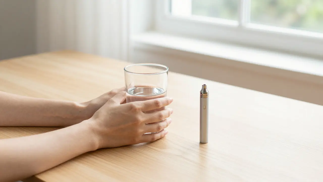 Sklenice čisté vody a vape pen na stole v osvětlené místnosti.