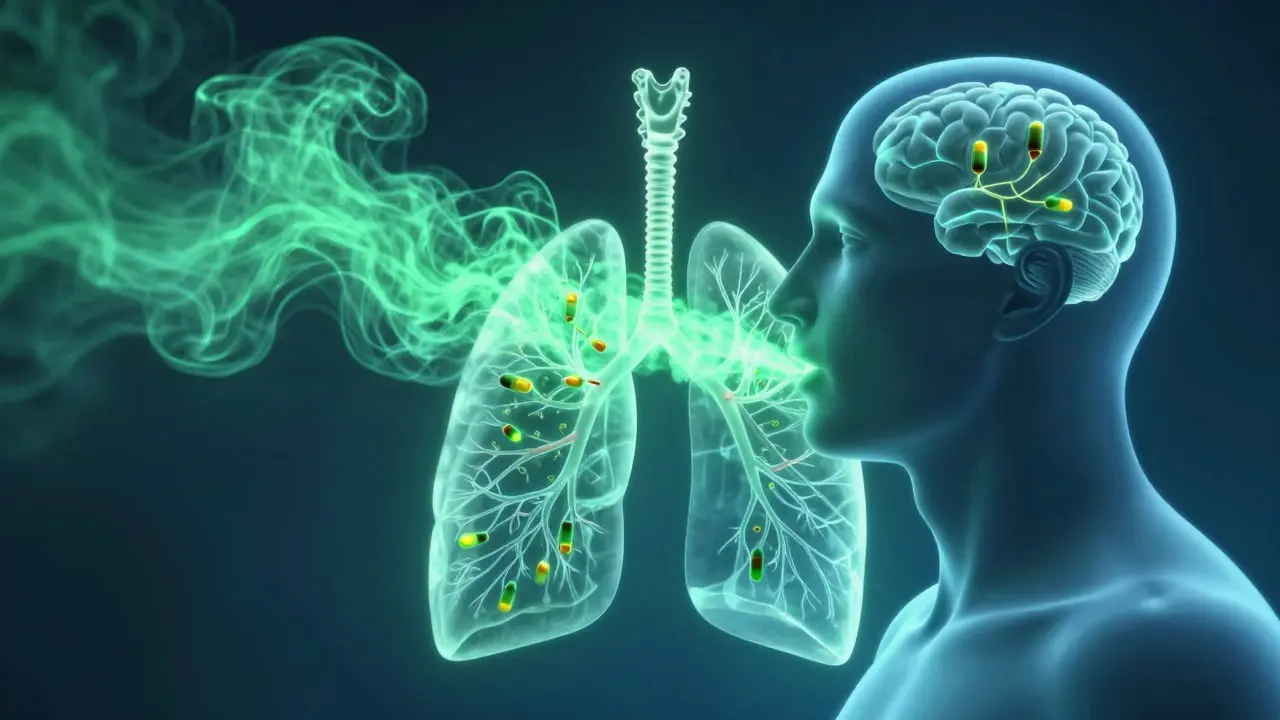 Abstraktní ilustrace vstřebávání CBD do krve přes plíce při inhalaci
