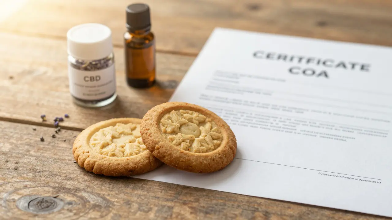 CBD sušenky s certifikátem analýzy na dřevěném stole