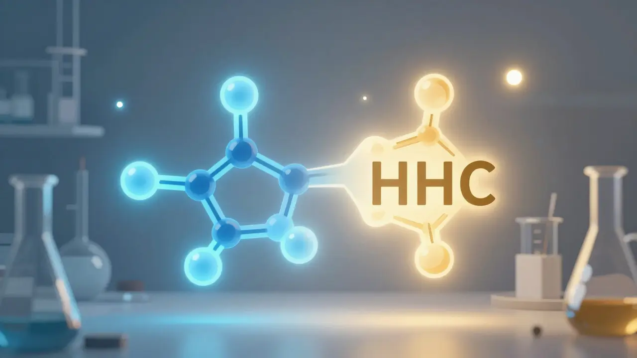 Ilustrace chemické změny molekuly CBD na HHC v laboratoři