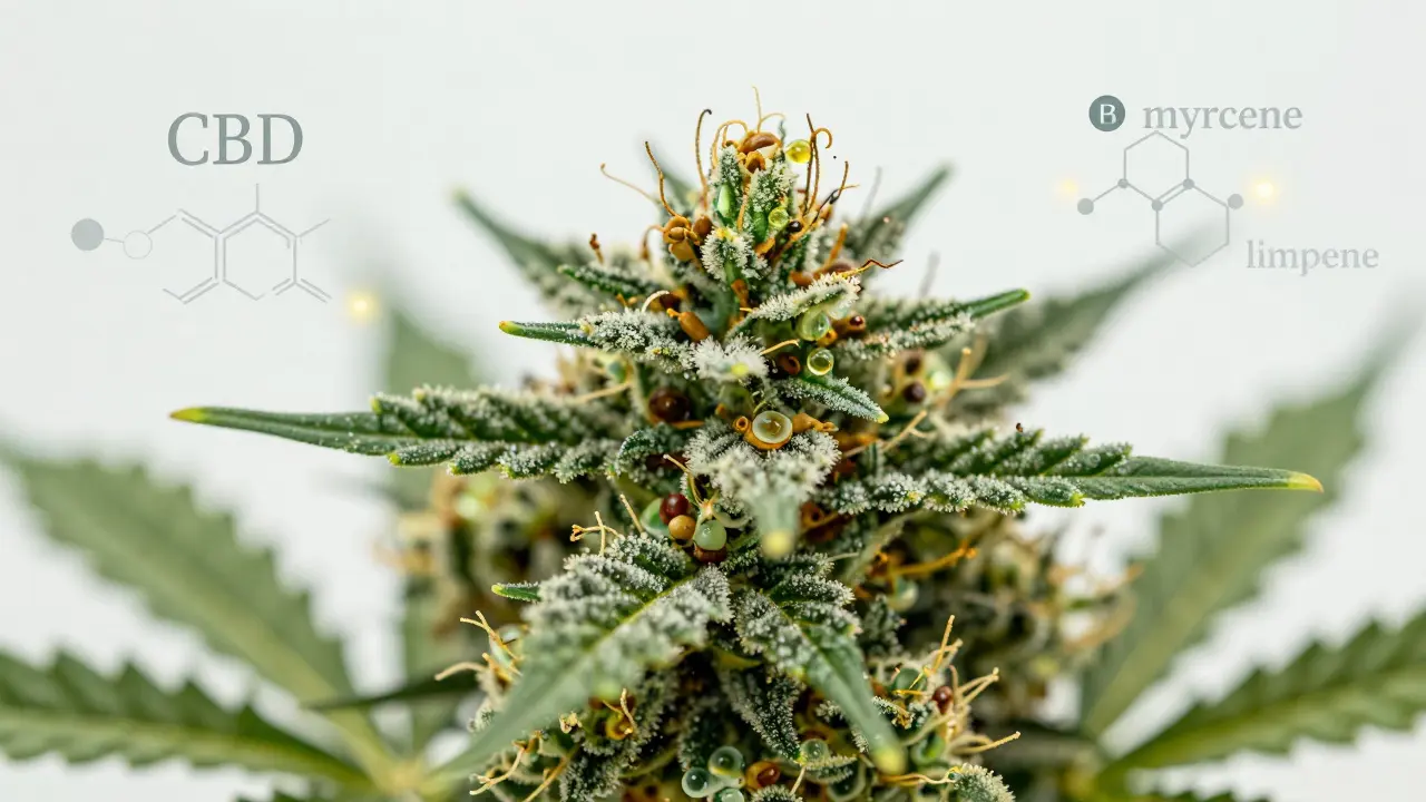 Makro záběr na trichomy a chemické složky konopí