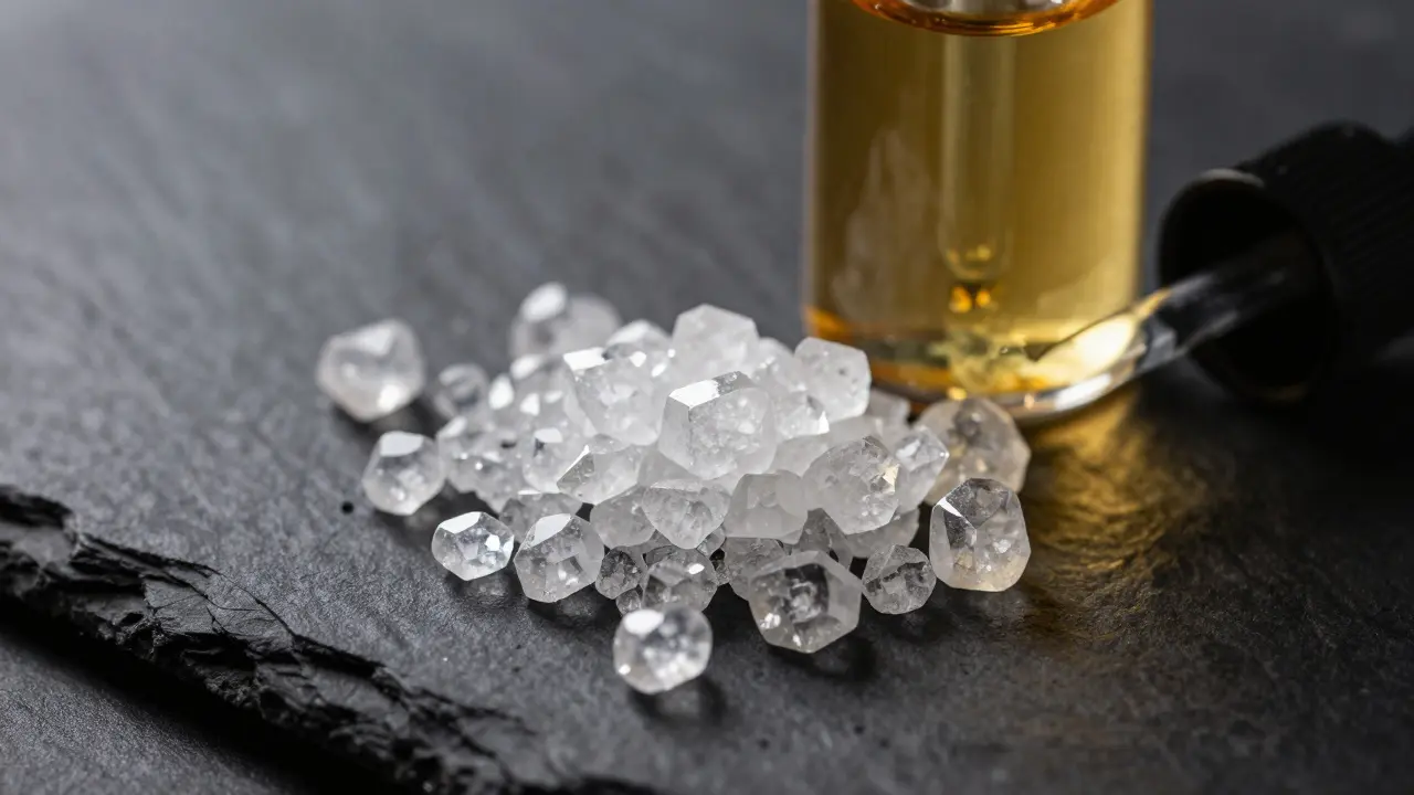 Průhledné krystaly THC Diamond a terpénová šťáva na tmavém podkladu s dramatickým světlem.